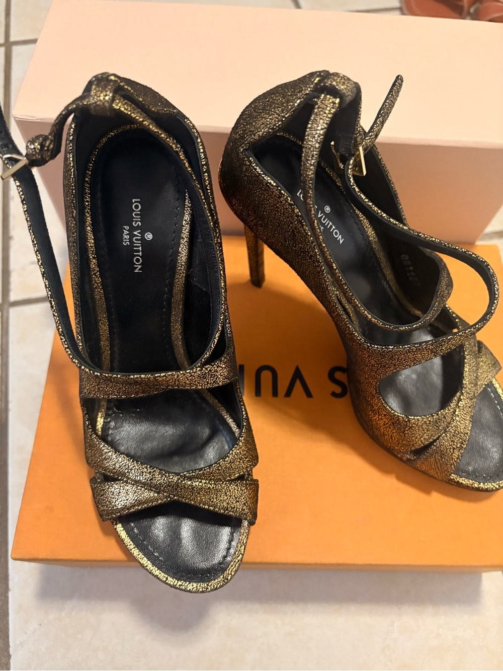 Louis Vuitton Gold Metallic Strappy Stiletto Heels